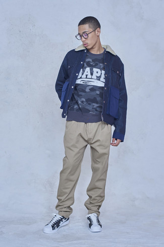 Men's Navy Shirt Jacket, Charcoal Camouflage Sweatshirt, Beige Chinos, White and Black Leather Low Top Sneakers