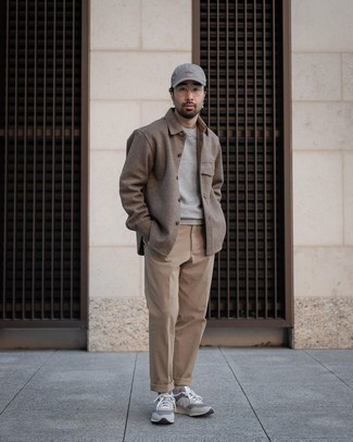 Grey Athletic Shoes Outfits For Men: You'll be surprised at how easy it is for any man to pull together this casually smart look. Just a brown wool shirt jacket and khaki chinos. Why not complete this ensemble with grey athletic shoes for a dash of stylish casualness?