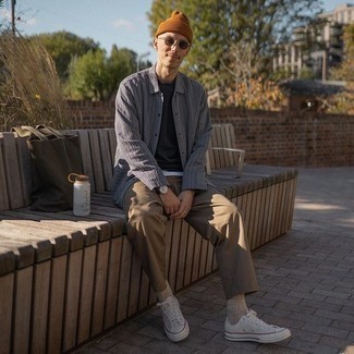 Tobacco Beanie Outfits For Men: For something on the off-duty side, opt for this combination of a grey vertical striped shirt jacket and a tobacco beanie. Showcase your elegant side by finishing off with white canvas low top sneakers.