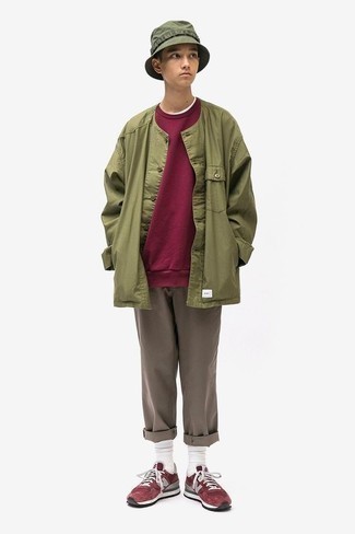 Dark Green Bucket Hat Outfits For Men: This pairing of an olive shirt jacket and a dark green bucket hat is incredibly stylish and yet it's relaxed enough and apt for anything. Burgundy athletic shoes are the right footwear here.