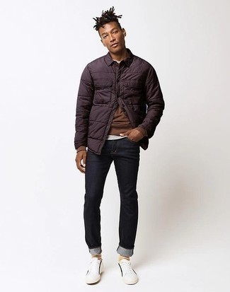 Brown Quilted Shirt Jacket Outfits For Men: A brown quilted shirt jacket and black jeans are veritable menswear staples if you're putting together an off-duty closet that holds to the highest fashion standards. Does this getup feel all-too-classic? Invite a pair of white and black canvas low top sneakers to spice things up.