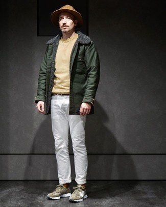 Dark Green Shirt Jacket Outfits For Men: This combo of a dark green shirt jacket and white jeans is irrefutable proof that a straightforward casual ensemble doesn't have to be boring. Complete this outfit with a pair of olive athletic shoes to keep the outfit fresh.