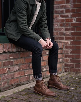 Brown Socks Outfits For Men: A dark green shirt jacket and brown socks will add extra style to your casual styling rotation. For something more on the dressier end to round off this getup, complete your look with brown leather casual boots.