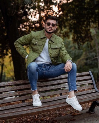 Men's Olive Quilted Shirt Jacket, White Sweatshirt, Navy Jeans, White Canvas Low Top Sneakers