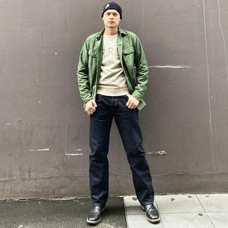 Men's Green Shirt Jacket, Grey Print Sweatshirt, Navy Jeans, Black Leather Chelsea Boots