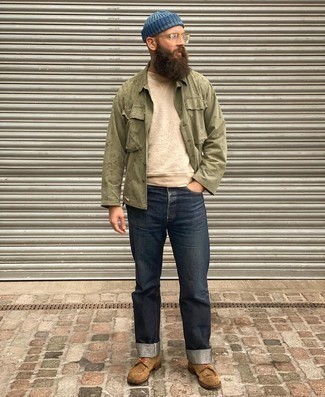 Brown Suede Casual Boots Outfits For Men: For an outfit that's pared-down but can be flaunted in a multitude of different ways, reach for an olive shirt jacket and navy jeans. The whole ensemble comes together quite nicely when you complement this getup with brown suede casual boots.