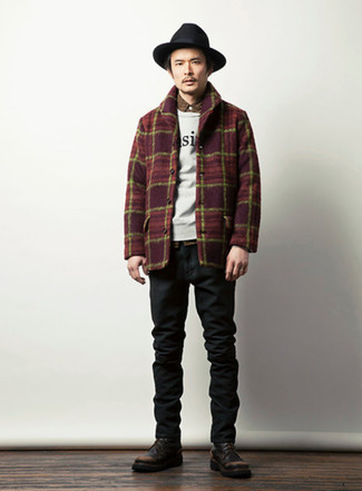 Burgundy Plaid Wool Shirt Jacket Outfits For Men: A burgundy plaid wool shirt jacket and black jeans are the kind of a foolproof casual getup that you so awfully need when you have no time. Add dark brown leather casual boots to the equation for an added dose of style.