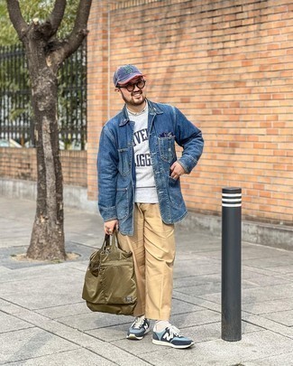 Grey Print Sweatshirt Outfits For Men: Why not wear a grey print sweatshirt with khaki chinos? These pieces are very functional and will look amazing teamed together. Light blue athletic shoes will add a more relaxed spin to an otherwise all-too-safe outfit.