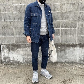 White and Blue Horizontal Striped Socks Outfits For Men: For a casually cool getup, go for a navy denim shirt jacket and white and blue horizontal striped socks — these pieces go beautifully together. The whole look comes together when you introduce grey athletic shoes to your ensemble.