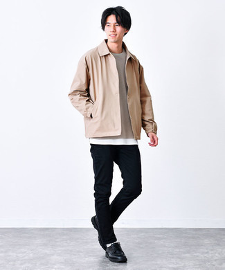 Beige Shirt Jacket Outfits For Men: A beige shirt jacket and black chinos teamed together are a match made in heaven for those dressers who appreciate refined styles. Got bored with this ensemble? Invite black leather derby shoes to mix things up.