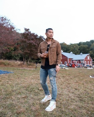 Brown Corduroy Shirt Jacket Outfits For Men: This pairing of a brown corduroy shirt jacket and light blue ripped jeans is the ultimate off-duty style for any modern guy. Rounding off with pink canvas high top sneakers is a fail-safe way to infuse a more laid-back feel into your getup.