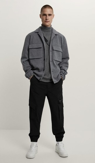 Men's Grey Wool Shirt Jacket, Grey Wool Turtleneck, Black Cargo Pants, White Leather Low Top Sneakers