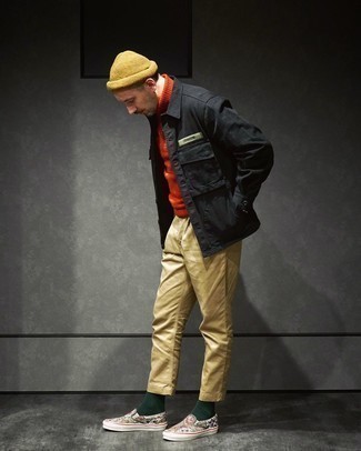 Mustard Beanie Outfits For Men: To pull together a laid-back ensemble with a modern twist, you can go for a black shirt jacket and a mustard beanie. Amp up your getup by rounding off with multi colored print canvas slip-on sneakers.
