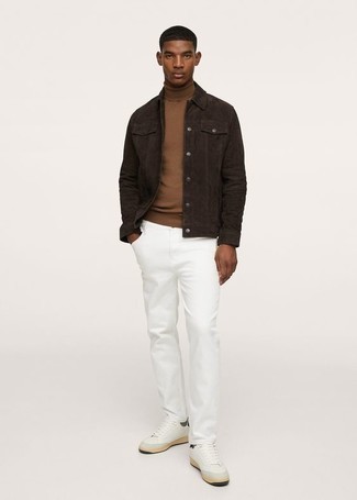 White Chinos Outfits: A dark brown suede shirt jacket and white chinos are essential in any modern man's functional wardrobe. Complement your outfit with white leather low top sneakers to immediately kick up the wow factor of this ensemble.
