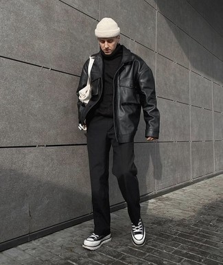 Men's Black Leather Shirt Jacket, Black Wool Turtleneck, Black Chinos, Black and White Canvas High Top Sneakers