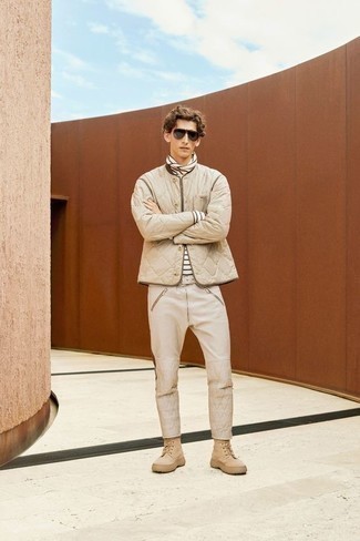 Belt Outfits For Men: You'll be amazed at how extremely easy it is for any guy to pull together a relaxed casual outfit like this. Just a beige quilted shirt jacket combined with a belt. If you wish to immediately up your ensemble with footwear, why not introduce a pair of beige suede casual boots to the mix?