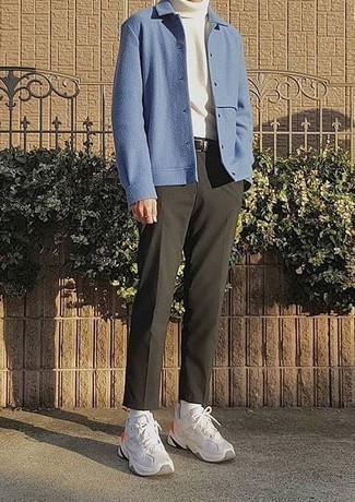 White Athletic Shoes Outfits For Men: For a look that's worthy of a modern fashion-forward gent and casually sleek, marry a light blue shirt jacket with dark green chinos. Feeling experimental? Switch things up by slipping into a pair of white athletic shoes.