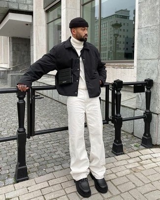 White Turtleneck Outfits For Men: Try teaming a white turtleneck with white chinos to assemble a casually stylish look. Our favorite of a ton of ways to finish off this look is black chunky leather loafers.