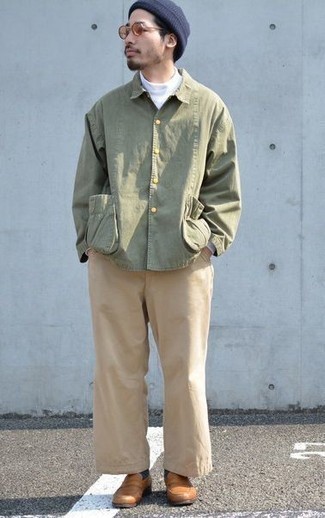 Olive Shirt Jacket Outfits For Men: As you can see, looking stylish doesn't take that much effort. Make an olive shirt jacket and khaki chinos your outfit choice and you'll look incredibly stylish. Tan leather loafers are guaranteed to give a sense of class to this outfit.