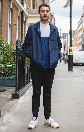 Men's Navy Shirt Jacket, Navy and White Turtleneck, Black Chinos, White Leather Low Top Sneakers