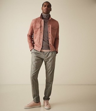 Hot Pink Corduroy Shirt Jacket Outfits For Men: Choose a hot pink corduroy shirt jacket and grey plaid chinos for both sharp and easy-to-create outfit. A pair of pink leather low top sneakers adds a new depth to your ensemble.