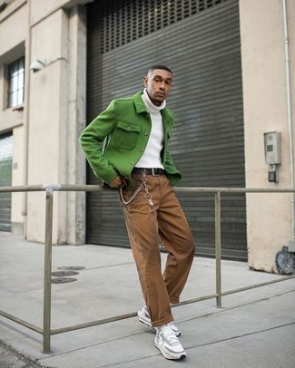 Men's Green Shirt Jacket, White Wool Turtleneck, Brown Chinos, White Athletic Shoes