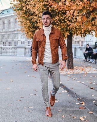 Tobacco Leather Chelsea Boots Outfits For Men: For a laid-back outfit with a fashionable spin, you can rock a tobacco leather shirt jacket and grey plaid chinos. And if you want to effortlessly dial up your getup with footwear, add tobacco leather chelsea boots to this look.