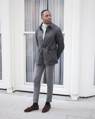 Grey Wool Shirt Jacket Outfits For Men: This laid-back combo of a grey wool shirt jacket and grey chinos is extremely easy to throw together in no time, helping you look on-trend and ready for anything without spending too much time searching through your wardrobe. Finishing with a pair of dark brown suede tassel loafers is a simple way to give a sense of refinement to this outfit.