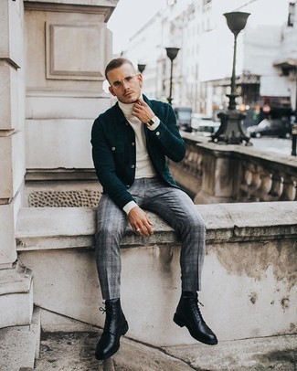 Olive Corduroy Shirt Jacket Outfits For Men: An olive corduroy shirt jacket and grey plaid chinos are an easy way to infuse effortless cool into your day-to-day outfit choices. Look at how great this look goes with black leather casual boots.