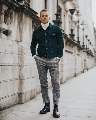 Olive Corduroy Shirt Jacket Outfits For Men: Wear an olive corduroy shirt jacket with grey plaid chinos to pull together a casual and cool look. Black leather casual boots are a tested footwear option that's also full of character.