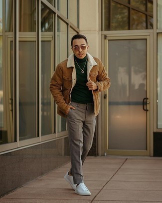 No Show Socks Outfits For Men: Opt for a tan shirt jacket and no show socks if you're hunting for a look option for when you want to look casual and cool. For something more on the classy side to round off your outfit, throw white canvas low top sneakers into the mix.