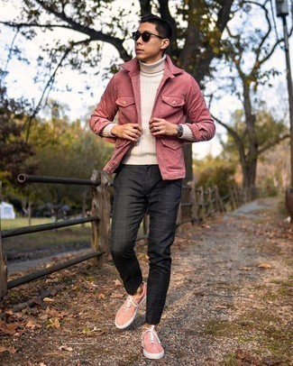 Hot Pink Corduroy Shirt Jacket Outfits For Men: This pairing of a hot pink corduroy shirt jacket and black check chinos is proof that a safe casual look can still look seriously sharp. Want to go easy when it comes to shoes? Complement your look with a pair of pink suede low top sneakers for the day.
