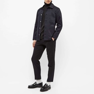 Black Fringe Leather Loafers Outfits For Men: For an outfit that's truly camera-worthy, reach for a navy shirt jacket and black chinos. Unimpressed with this ensemble? Enter black fringe leather loafers to shake things up.