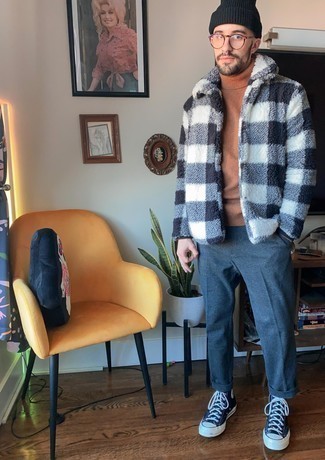 Men's Black and White Check Shirt Jacket, Tan Wool Turtleneck, Grey Plaid Chinos, Navy Canvas High Top Sneakers