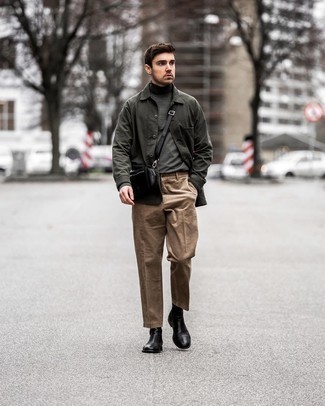 Dark Green Turtleneck Outfits For Men: This combo of a dark green turtleneck and khaki corduroy chinos combines comfort and efficiency and helps keep it clean yet current. If you want to instantly up this outfit with a pair of shoes, why not add a pair of black leather chelsea boots to the equation?