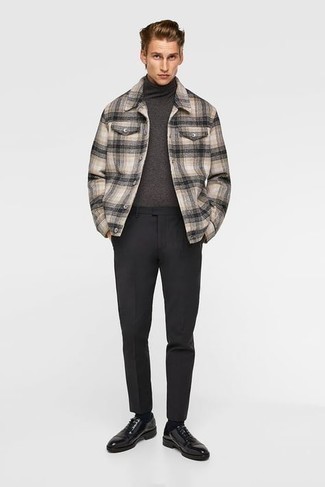 Men's Beige Plaid Flannel Shirt Jacket, Charcoal Turtleneck, Black Chinos, Black Leather Oxford Shoes