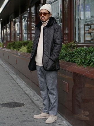 Men's Black Quilted Shirt Jacket, White Turtleneck, Grey Wool Chinos, Beige Suede Casual Boots