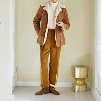 Brown Suede Chelsea Boots Outfits For Men: Putting together a brown corduroy shirt jacket and tobacco corduroy chinos is a surefire way to breathe style into your wardrobe. Rounding off with a pair of brown suede chelsea boots is a guaranteed way to breathe a hint of polish into this getup.