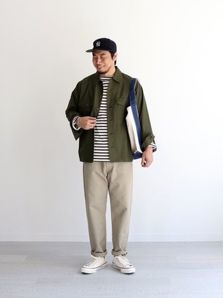 Men's Olive Shirt Jacket, White and Black Horizontal Striped Turtleneck, Beige Chinos, White Canvas Low Top Sneakers