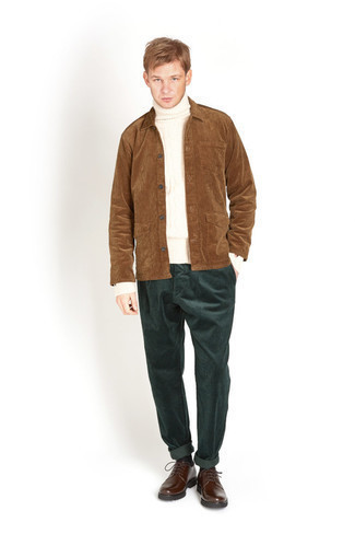 Brown Corduroy Shirt Jacket Outfits For Men: This semi-casual pairing of a brown corduroy shirt jacket and dark green corduroy chinos is super easy to pull together without a second thought, helping you look amazing and ready for anything without spending a ton of time combing through your wardrobe. Introduce dark brown leather derby shoes to the equation to instantly switch up the outfit.