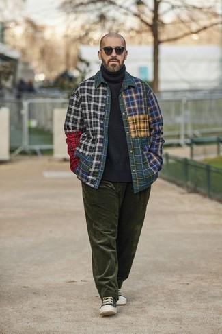 Multi colored Plaid Shirt Jacket Outfits For Men: Teaming a multi colored plaid shirt jacket with olive corduroy chinos is an awesome choice for a casual ensemble. Introduce a dash of stylish nonchalance to by sporting black and white canvas low top sneakers.