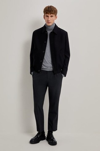 Black Chunky Leather Derby Shoes Outfits: Pair a black shirt jacket with black chinos to look elegant but not particularly formal. A pair of black chunky leather derby shoes instantly boosts the fashion factor of any ensemble.