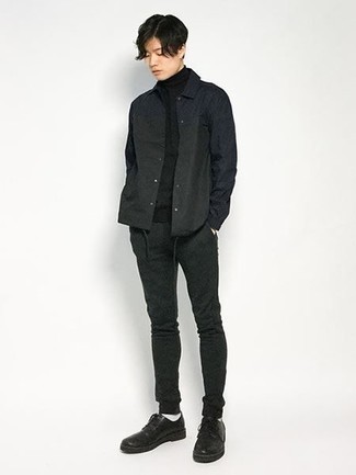 Men's Black Nylon Shirt Jacket, Black Turtleneck, Black Chinos, Black Leather Derby Shoes