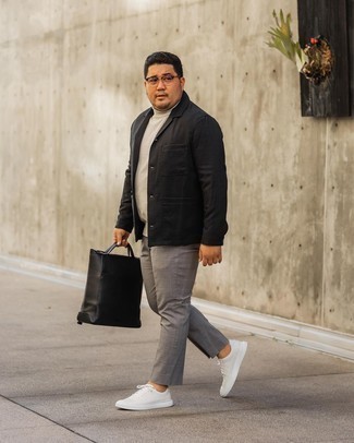 Grey Turtleneck Outfits For Men: Show off your expertise in menswear styling by combining a grey turtleneck and grey check chinos for an off-duty ensemble. Our favorite of a myriad of ways to round off this outfit is a pair of white canvas low top sneakers.
