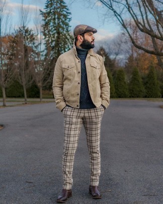 Beige Plaid Chinos Outfits: If you'd like take your casual style game up a notch, wear a tan corduroy shirt jacket and beige plaid chinos. In the footwear department, go for something on the smarter end of the spectrum by wearing dark brown leather chelsea boots.