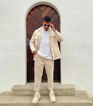 Beige Shirt Jacket Outfits For Men: A beige shirt jacket and beige corduroy chinos will add smart style to your current rotation. Switch up this outfit by slipping into a pair of beige leather low top sneakers.