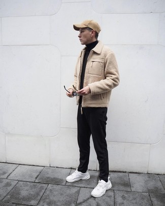 Beige Fleece Shirt Jacket Outfits For Men: Go for a pared down but classy ensemble combining a beige fleece shirt jacket and black chinos. Why not take a more casual approach with footwear and complete this ensemble with white athletic shoes?
