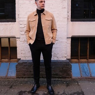 Tan Suede Shirt Jacket Outfits For Men: For an effortlessly sleek ensemble, choose a tan suede shirt jacket and black chinos — these two items go really well together. Amp up the appeal of your look by slipping into a pair of black leather chelsea boots.