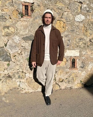 White Turtleneck Outfits For Men: This pairing of a white turtleneck and grey corduroy chinos is super easy to assemble and so comfortable to wear a variation of as well! Black leather desert boots are a welcome complement for this ensemble.