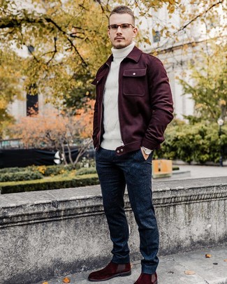 White Wool Turtleneck Outfits For Men: Consider wearing a white wool turtleneck and navy wool dress pants if you're aiming for a proper, classic getup. Our favorite of a multitude of ways to finish this look is burgundy suede chelsea boots.